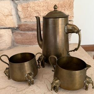Vintage Brass Elephant Tea Coffee Set - Pot, Creamer & Sugar‎ Bowl, Collectors
